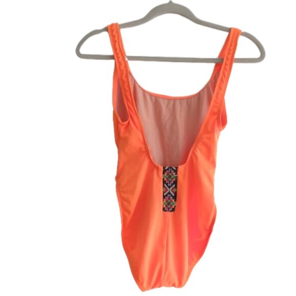 VINTAGE GOTCHA 90s Neon Orange Aztec Embroidered Open Back Swimsuit - Size S - Picture 1 of 15